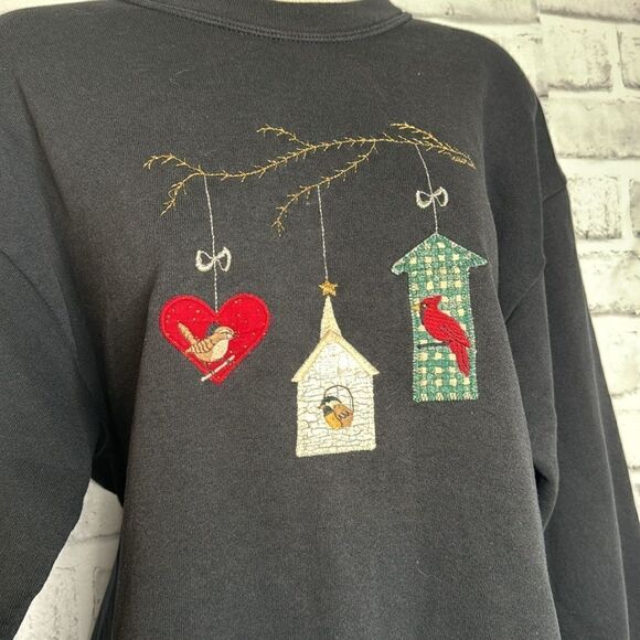 Vintage 90’s Valerie Folk Art Appliqué Winter Birds Sweatshirt Size Medium - Picture 3 of 5